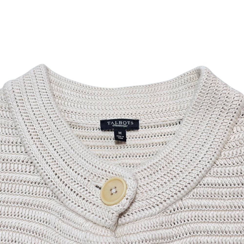 Talbots Cardigan Sweater Womens Medium Cream Cotton Rayon Ribbed Button Classic - Picture 5 of 9